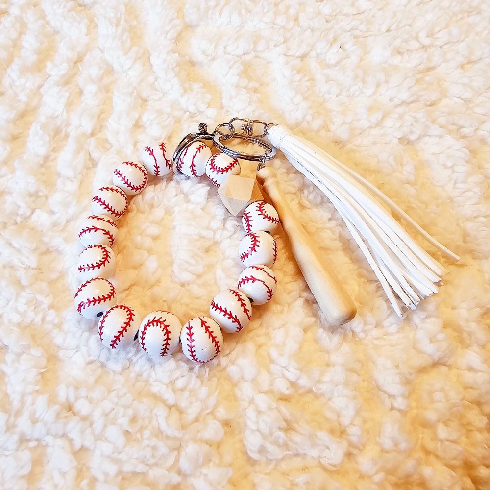 5/$25 Baseball Wristlet Keychain with a Baseball Bat Charm and Leather Tassel